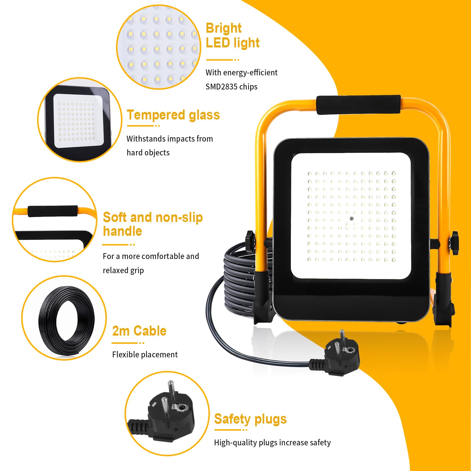 50W Foco de Trabajo LED, Luz de Trabajo superbrillante con Enchufe Europeo, Proyector Portátil para Obra de 6000K con Cable de 2m, Focos LED de construcción para taller, garaje y jardín