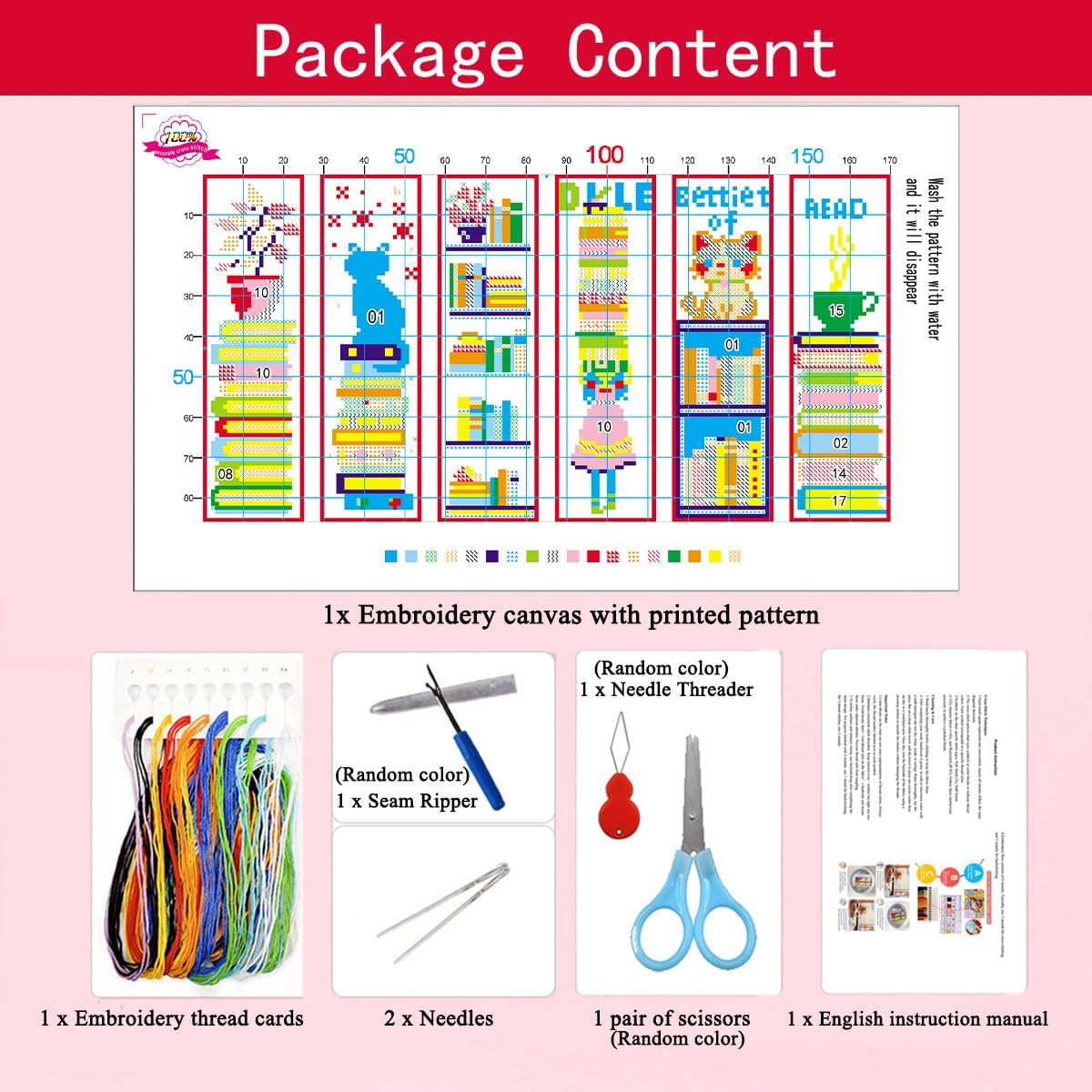 Zhenqing Bookish Cat Stamped Cross Stitch Bookmark Kit, 6 Bookshelf and Reading Designs on 11CT Printed Fabric for Adults and Beginners, Gift for Book and Cat Lovers