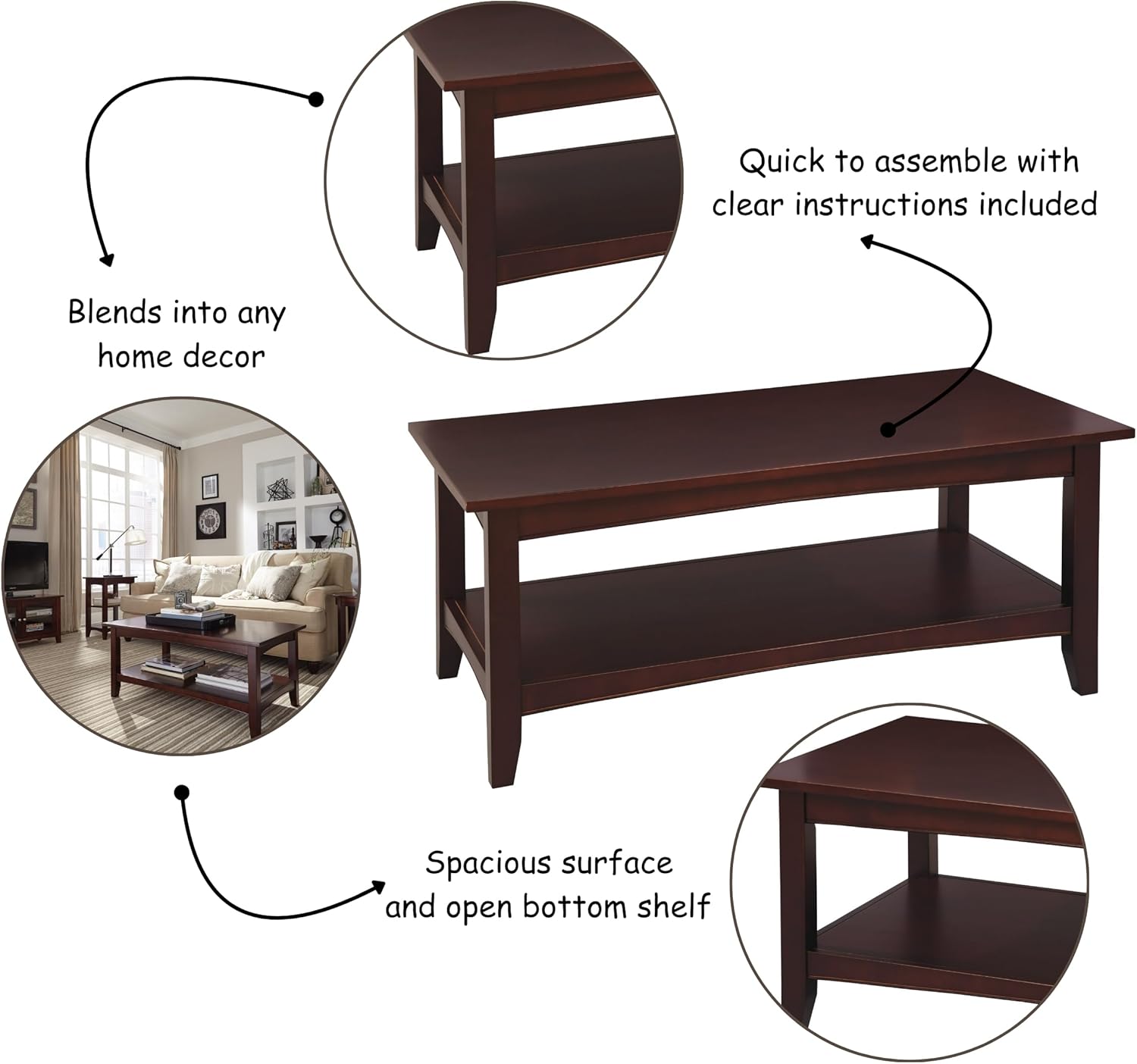 Shaker Cottage 42-Inch Rectangular Coffee Table – 2-Tier Hardwood Center Table with Bottom Shelf for Living Room, Bedroom, or Home Office by Alaterre Furniture (Espresso Finish)