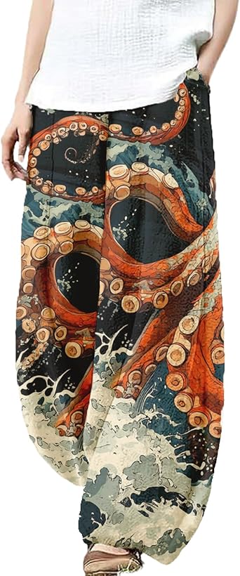 Wide Leg Octopus Pants for Women Summer Baggy Pants Japanese Art Printed Outfits Pants Elastic Waist Lantern Trouser