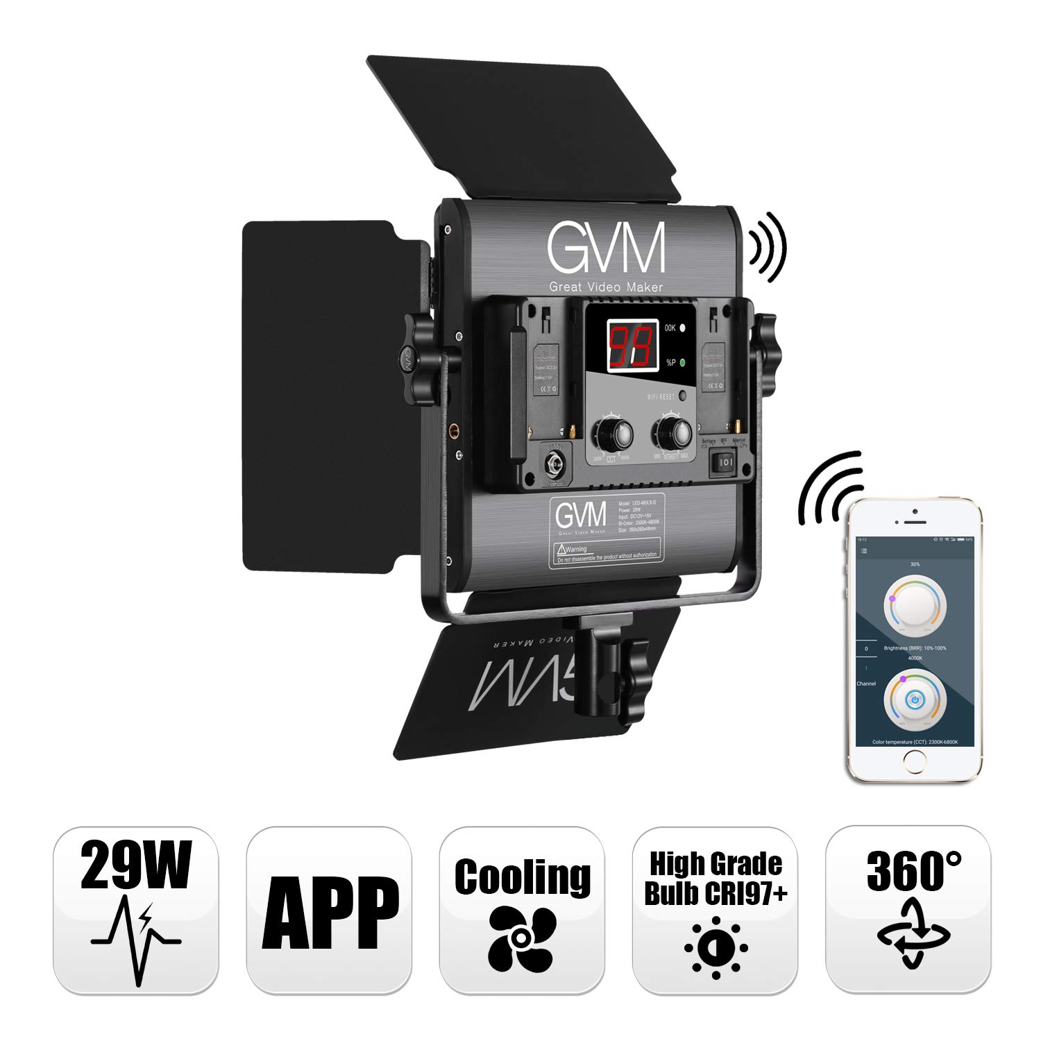GVM 480 - Lampada video a LED con treppiede, 2300 K-6800 K, 480 LED, illuminazione per video con controllo via app, luce da studio, luce fissa per YouTube Studio, luce fotografica