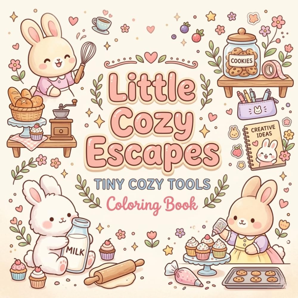 Little Cozy Escapes: Tiny Cozy Tools Coloring Book: Cute Rabbit Sisters and Adorable Mini Tools Coloring Pages