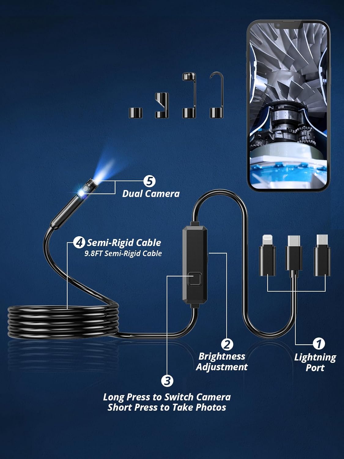 Close-up of the endoscope's control unit with buttons for brightness adjustment and camera switching/photo capture.