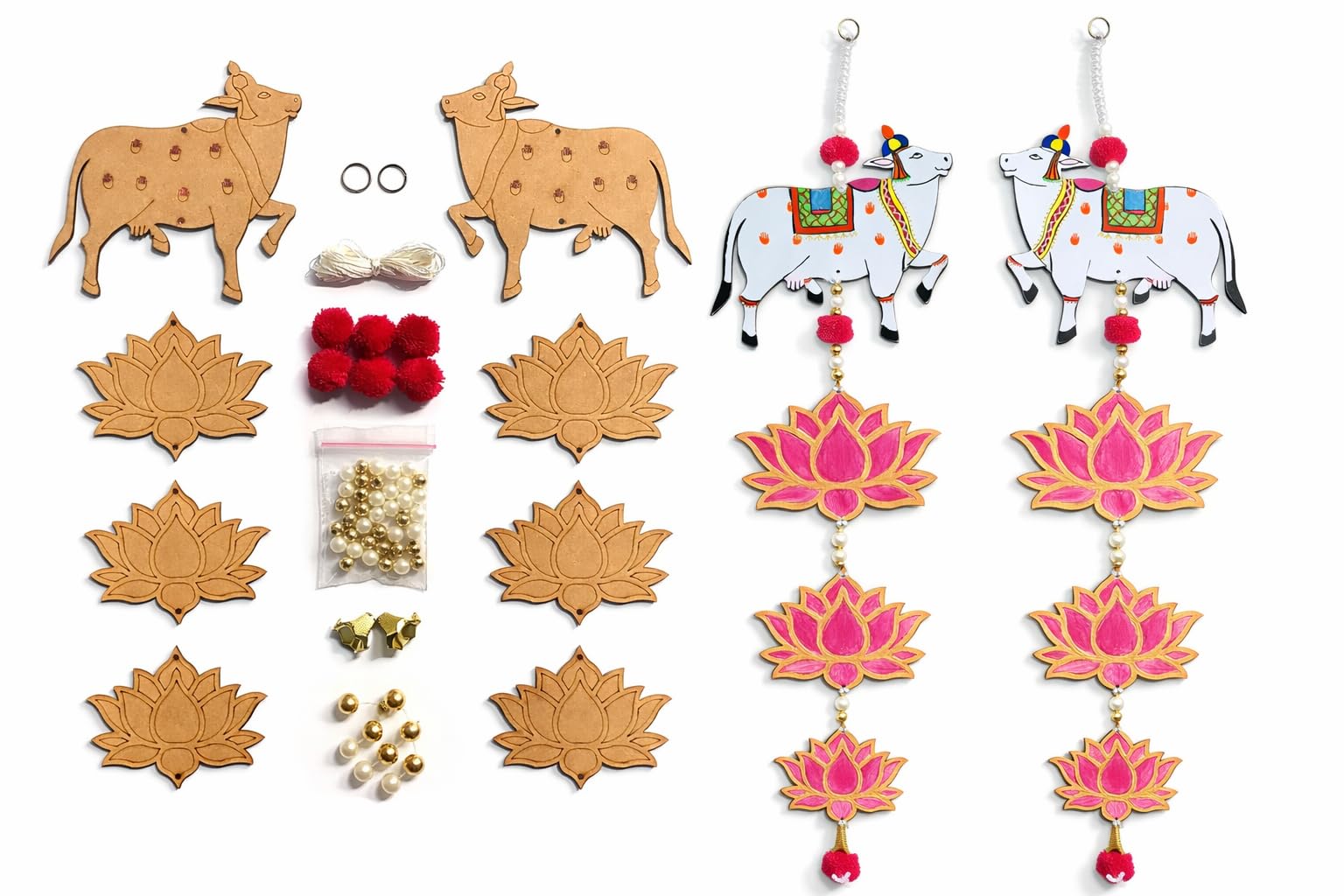 DIY Pichwai Painting Kit for Adults & Beginners – MDF Cow & Lotus Cutouts Craft Set with Beads, Rings & Pom Poms – Traditional Indian Art Wall Hanging Hobby Kit & Gift Set