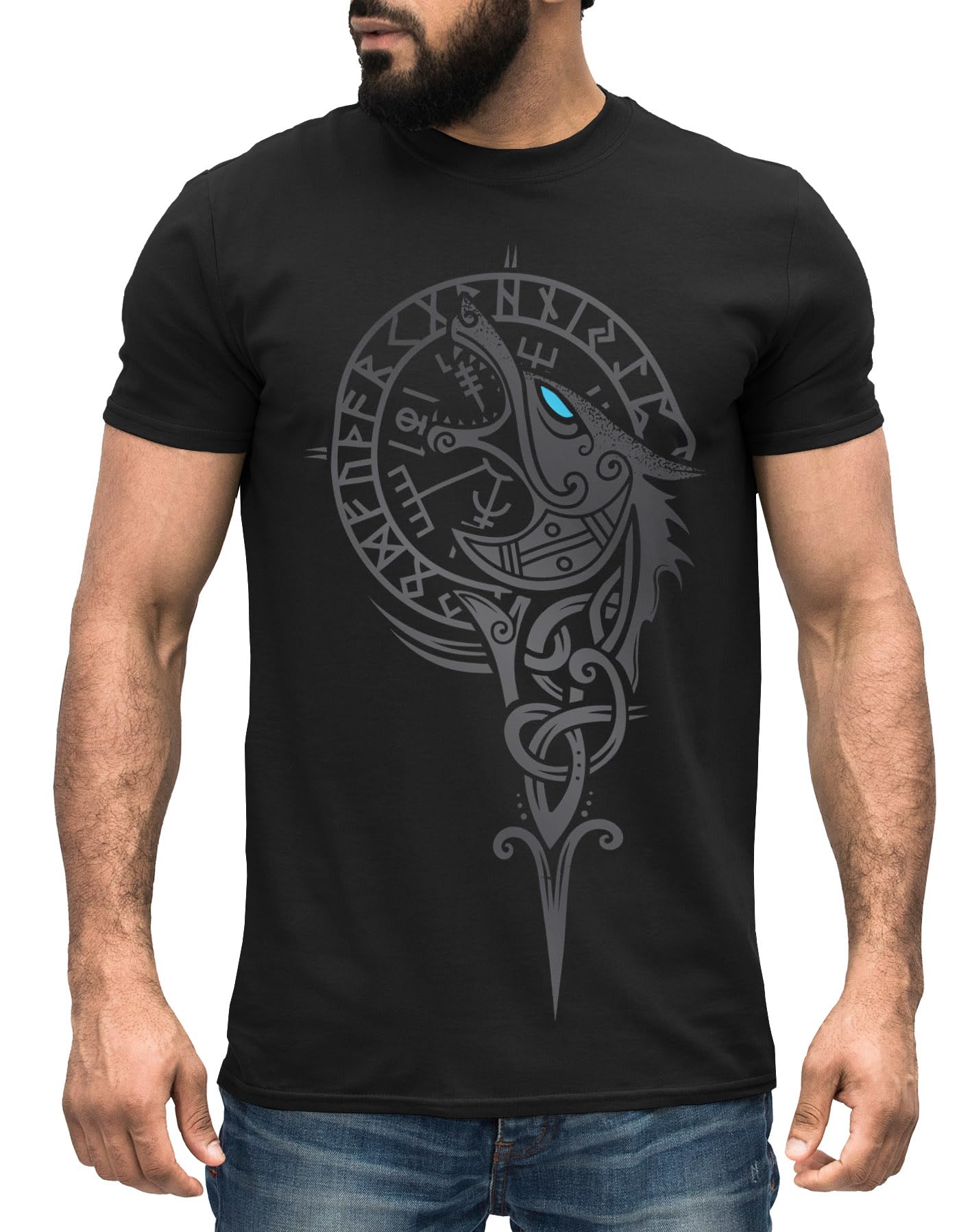 Neverless Men's Fenrir Compass Black Neverless® T-Shirt Berserker Bear Viking Warrior Odin Thor Valhalla Runes Valknut Nordic Mythology, L