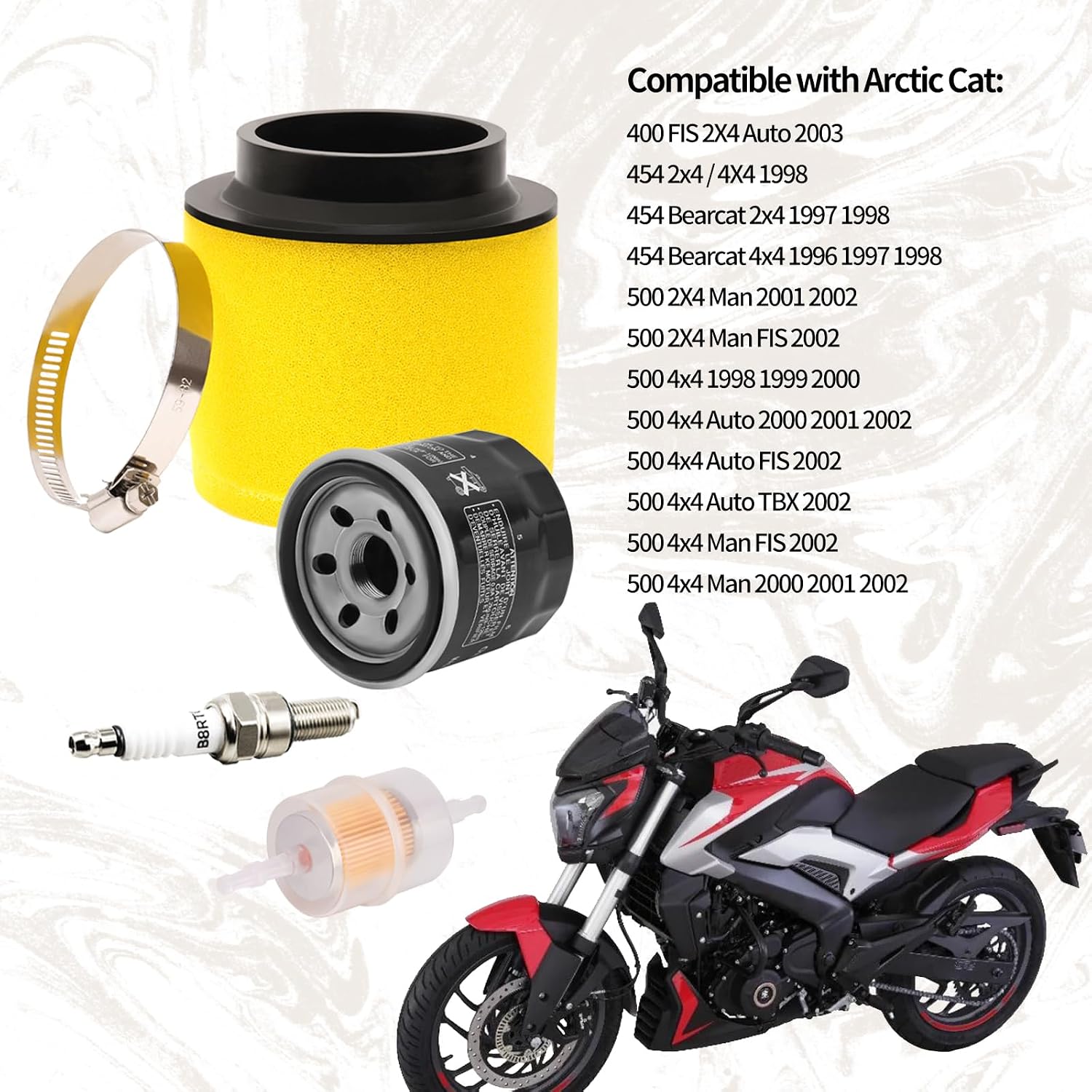 0470-391 Air Filter + 0436-146 Oil Filter + Fuel Filter + Spark Plug Compatible with Arctic Cat 400 DVX 2004-2006 400 FIS 2X4 Auto 2003 454 Bearcat 4x4 1996-1998 500 4x4 Man FIS 2002 0470-322