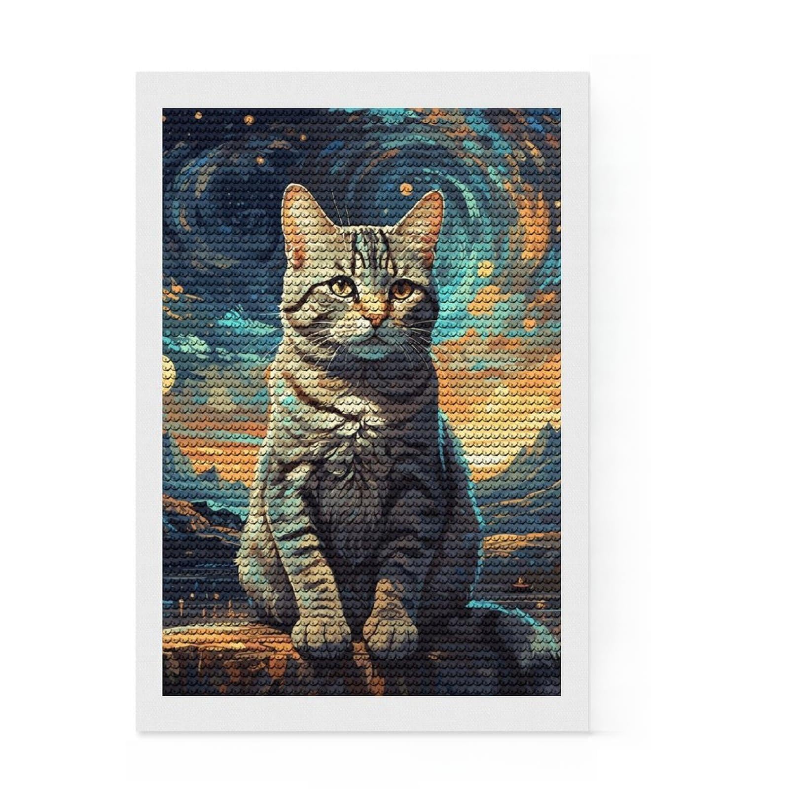 Junmoney Cat Starry Night Round Drill Diamond Painting 8"x12", for Women, Pleasing Wall Art Project, Boho Decor, Thoughtful Handmade Gift