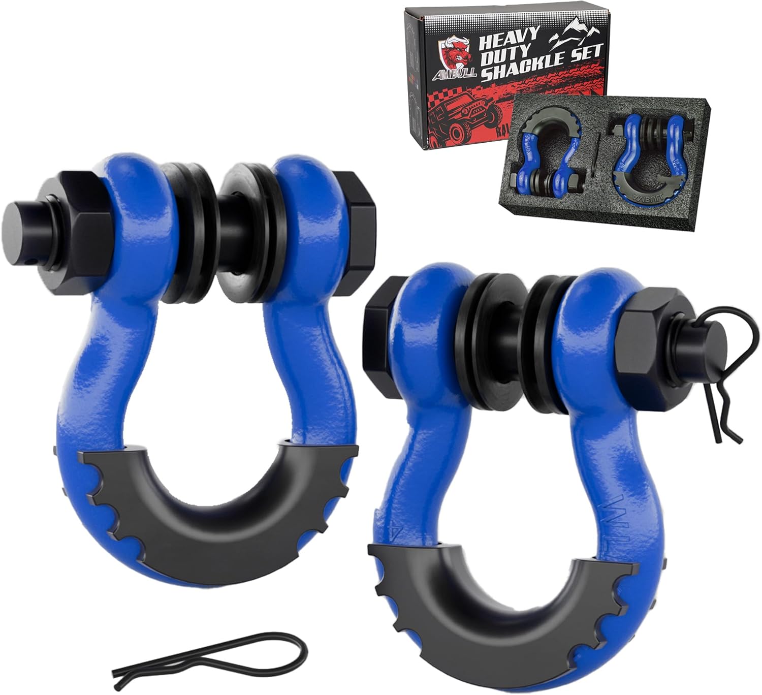 Shackles 3/4 Inch D Ring Shackle (2 Pack) 41,887lb Break Strength with 7/8 Inch Pin, Isolator and Washer Kits for Use with Tow Strap, Winch, Off-Road Jeep Truck Vehicle Recovery, Blue