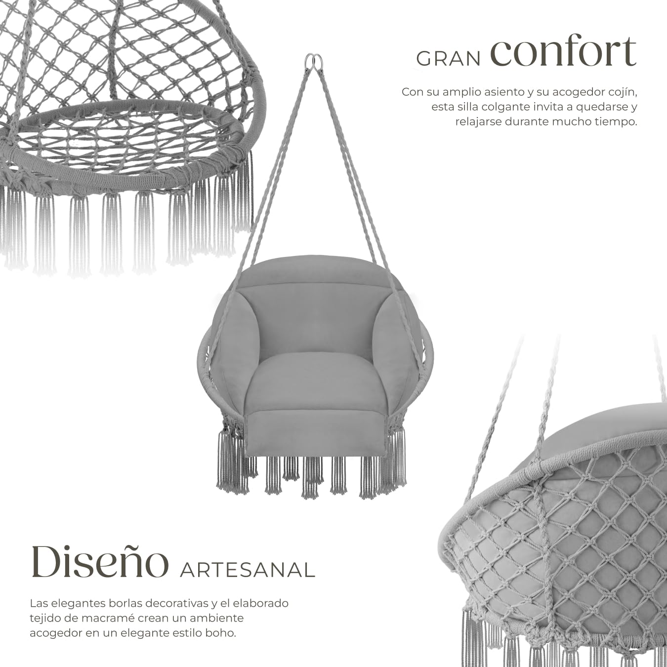 tectake® Cesta Colgante de Estilo Boho Ø 80 cm, Cojines Gruesos de 10-12 cm, Sillón Balancín con Robustas Borlas y 2 Anillas de Fijación, para Interior y Exterior, Cap. de Carga: 160 kg - Gris