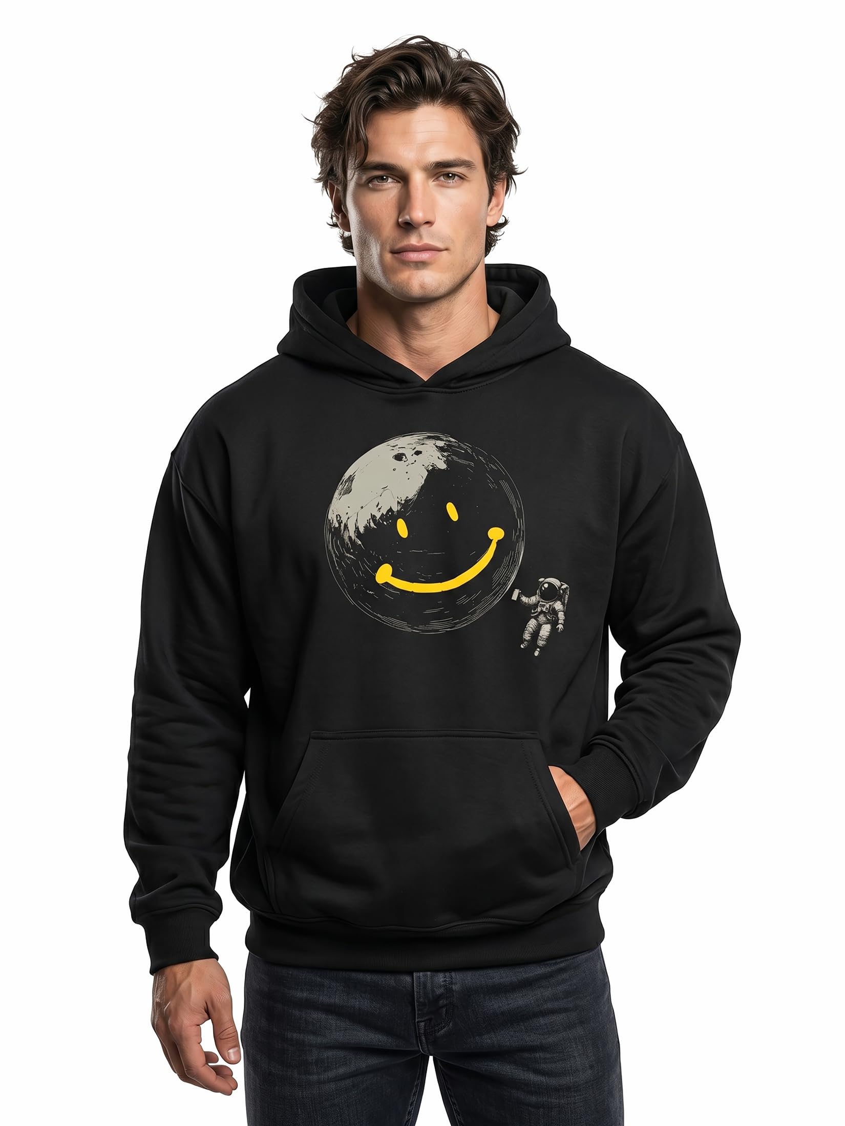 MAKAYA bluza z kapturem męska z motywem graffiti i księżyca astronauta streetwear luźny hoodie