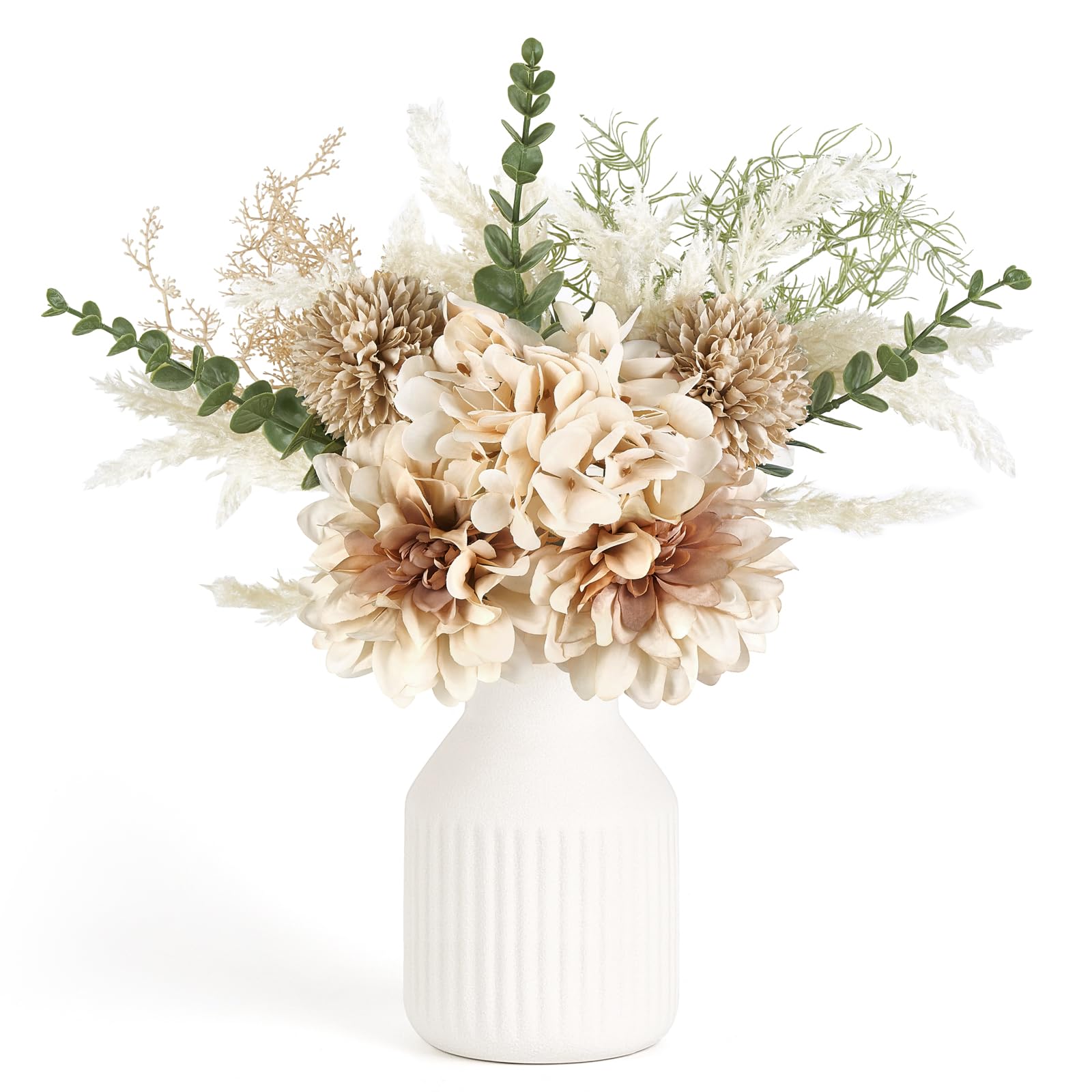 Mkono Small Artificial Flowers in Ceramic Vase Centerpieces Coffee Table Decor, Silk Flower Arrangements for Home Decor Indoor Fake Flower Bouquet for Dining Room Kitchen Wedding (Brown, Large)