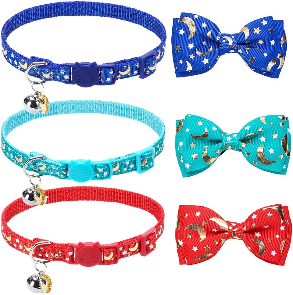 BINGPET Luminous Cat Collar with Bells - Glow in The Dark Detachable Bow Tie Collars 3 Pack - Breakaway Adjustable Hot Stamping Pet Kitten Collars with Popular Star and Moon Patterns