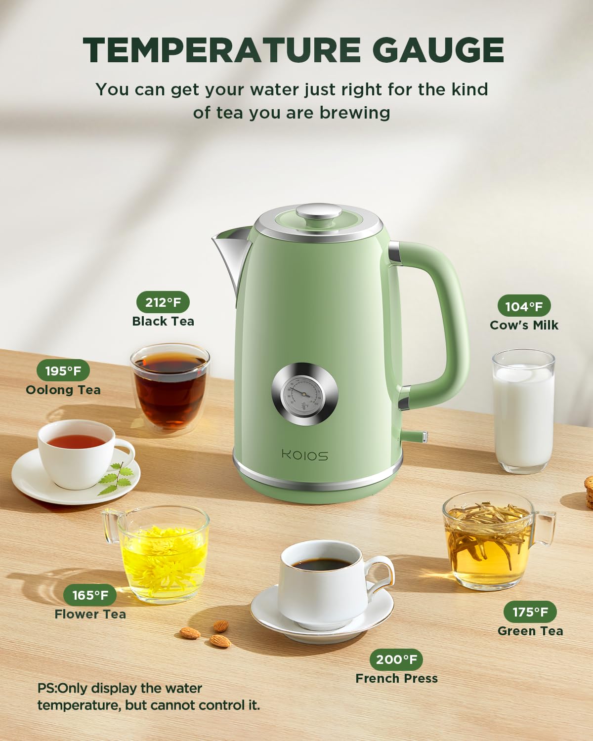 Hervidor eléctrico de 1.8 L con medidor de temperatura, hervidor de té eléctrico de ebullición rápida de 1500 W, hervidor de agua caliente de estilo retro 100% acero inoxidable, luz LED brillante, 3