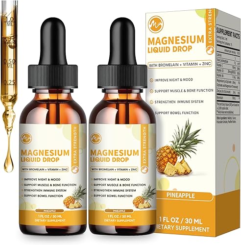 M inch - Gota líquida de glicinato de magnesio, complejo de magnesio líquido de alta absorción con bromelina, vitamina, D3, B6 y zinc, suplemento de