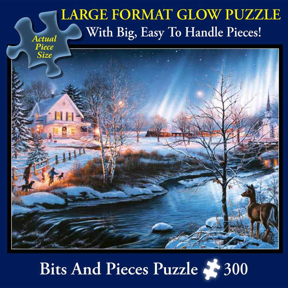 Bits and Pieces – Large 300 Piece Glow in The Dark Jigsaw Puzzle for Adults – All is Bright by Artist James Meger - Winter Holiday Landscape Jigsaw