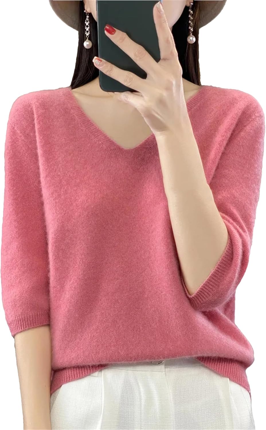 Women Short Sleeve 100% Merino Wool Sweaters Spring Stylish Office V-Neck Pullover Jumper