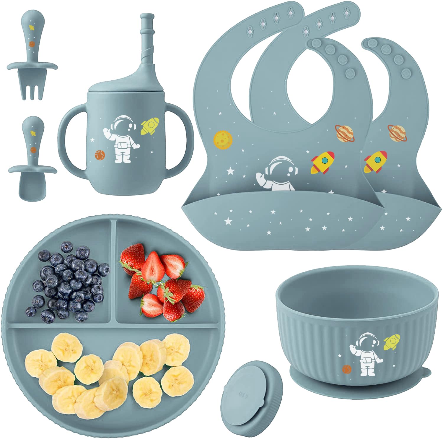 Baby Weaning Set including Pattern, Suction Bowls Sets, Silicone Baby Feeding Set
