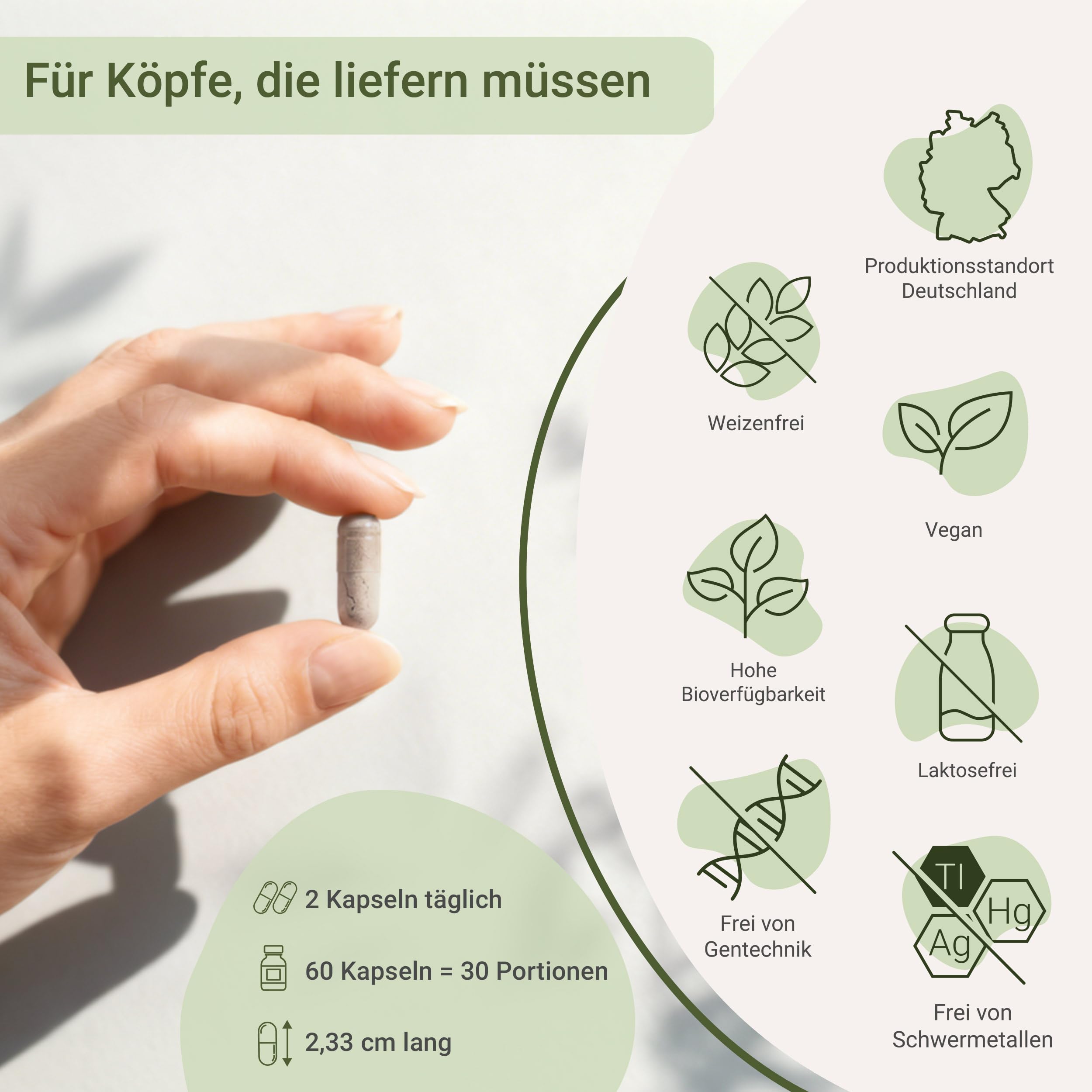 for you brain vital 60 Konzentrations Kapseln - Brain Booster mit Citicolin (Cognizin®), Cognigue® - Sekundäre Pflanzenstoffe & Ginseng - Vegan, ohne Zusatzstoffe - ohne Koffein für mehr Focus