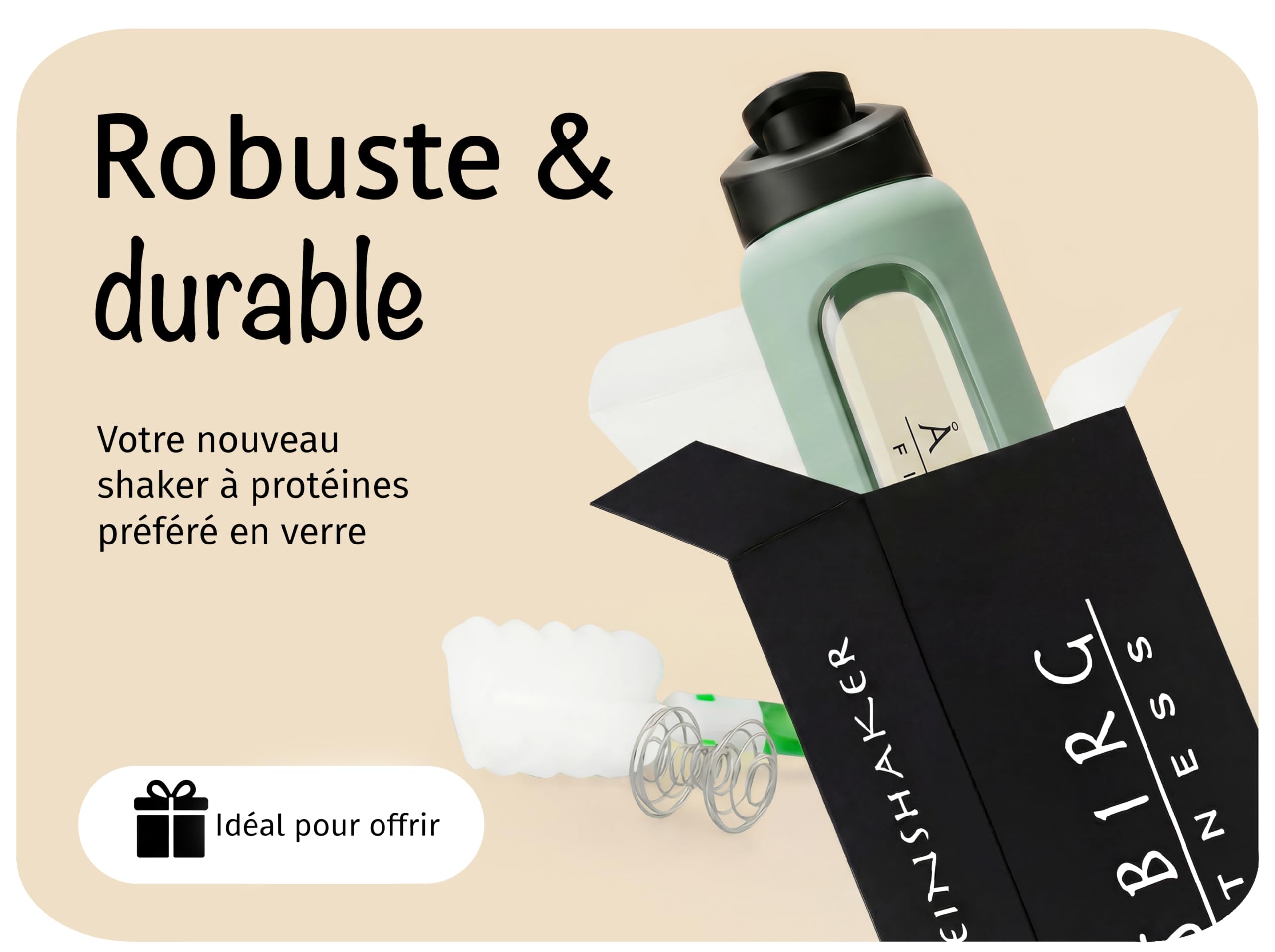 Shaker Protéines en Verre Trempé - 700ml Gourde avec Boule Mélangeuse | Étanche, Sans BPA & Résistant | Vert Pastel