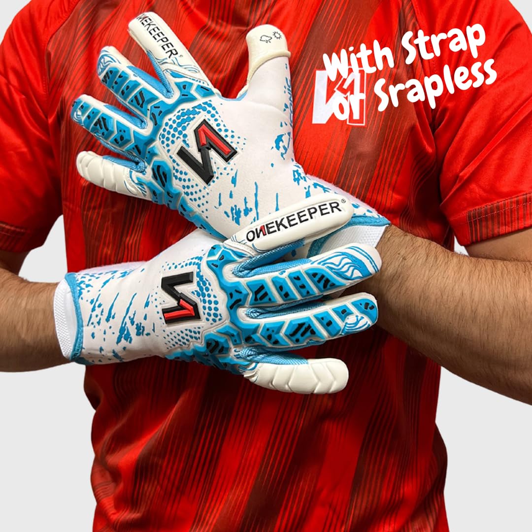 ONEKEEPER Iconic Blue Professional-Level Goalkeeper Glove for Kids & Youth & Adults | GK Soccer Goalie Gloves | 3.5 mm Contact Latex | Roll Negative Cut | Removable Strap (Blue, 5)