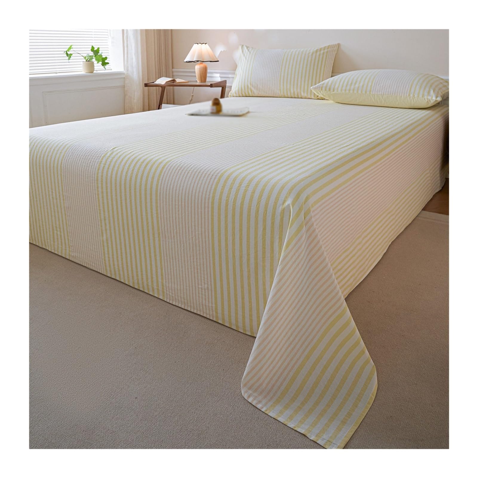 Drap plat 2 personnes coton respirant grand lit double queen king size rayé 245x270