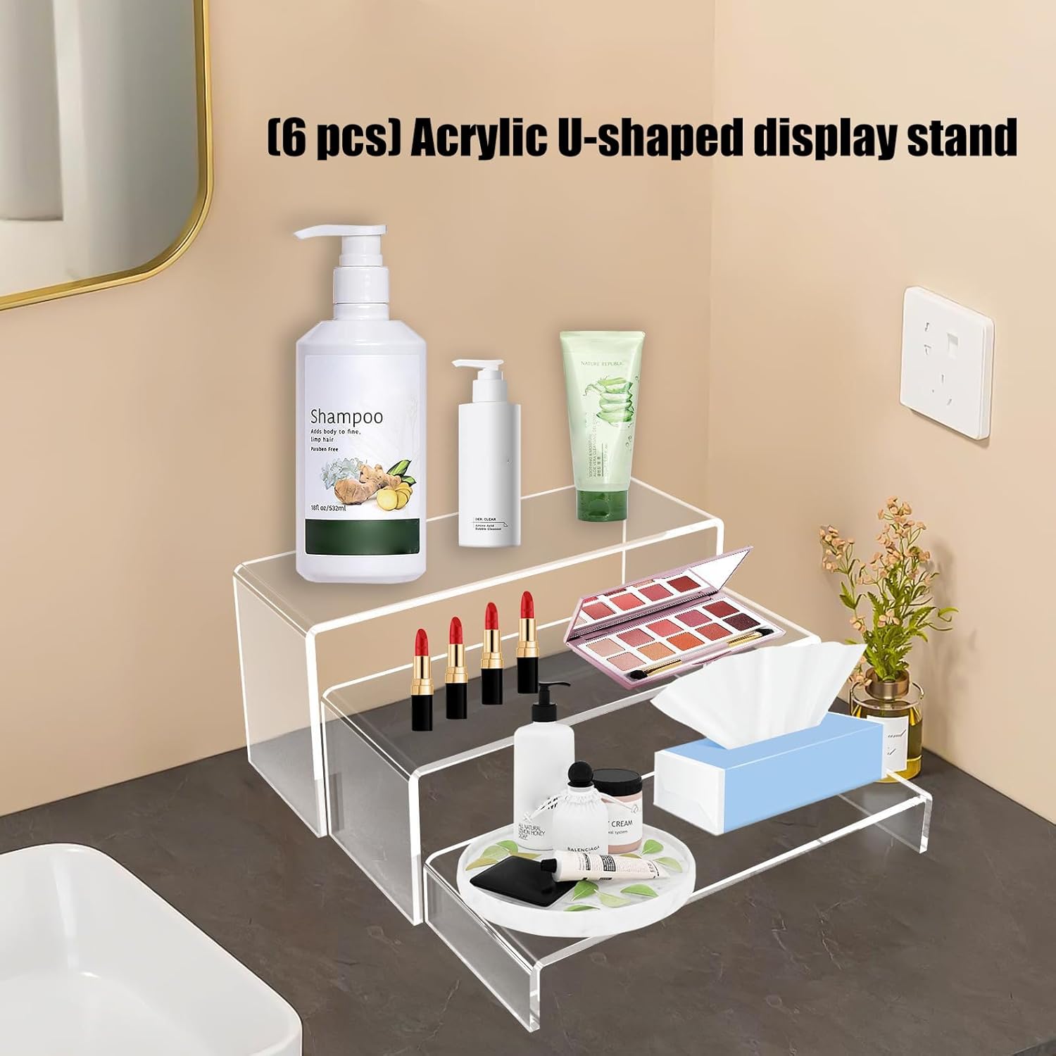 6 Pieces Acrylic Rectangular Risers Stackable and Easy to for Jewelry Art Exhibits and Cake Displays Display Risers