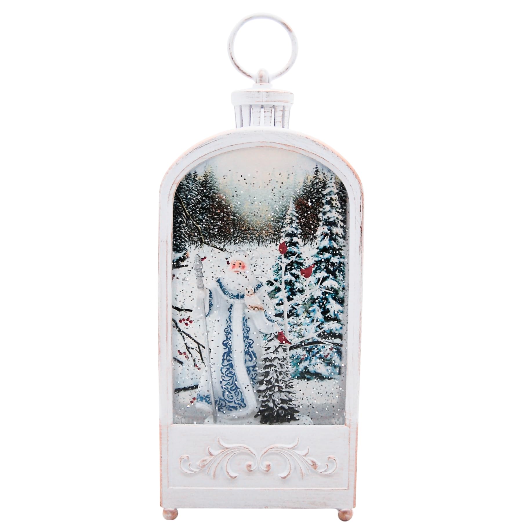 Lanterne lumineuse Père Noël avec scène d'hiver, paillettes tourbillonnantes, décoration de Noël autoportante, décoration de vacances festive, 30 cm de haut