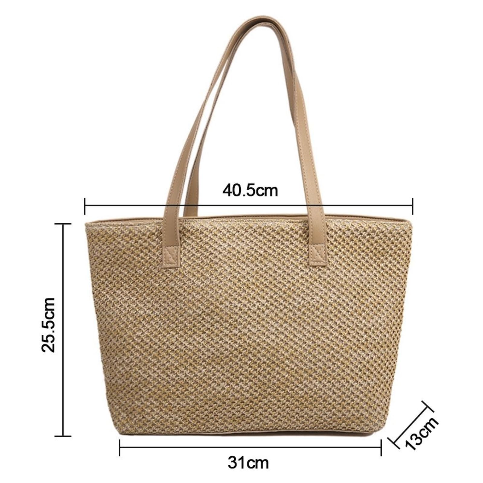 Borsa Spalla Paglia Tote Tessuta Quadrata A Superiore Aperta con Fodera di Grande capacità per La Spiaggia Dell'ufficio dello Shopping Viaggi Giornalieri-Khaki