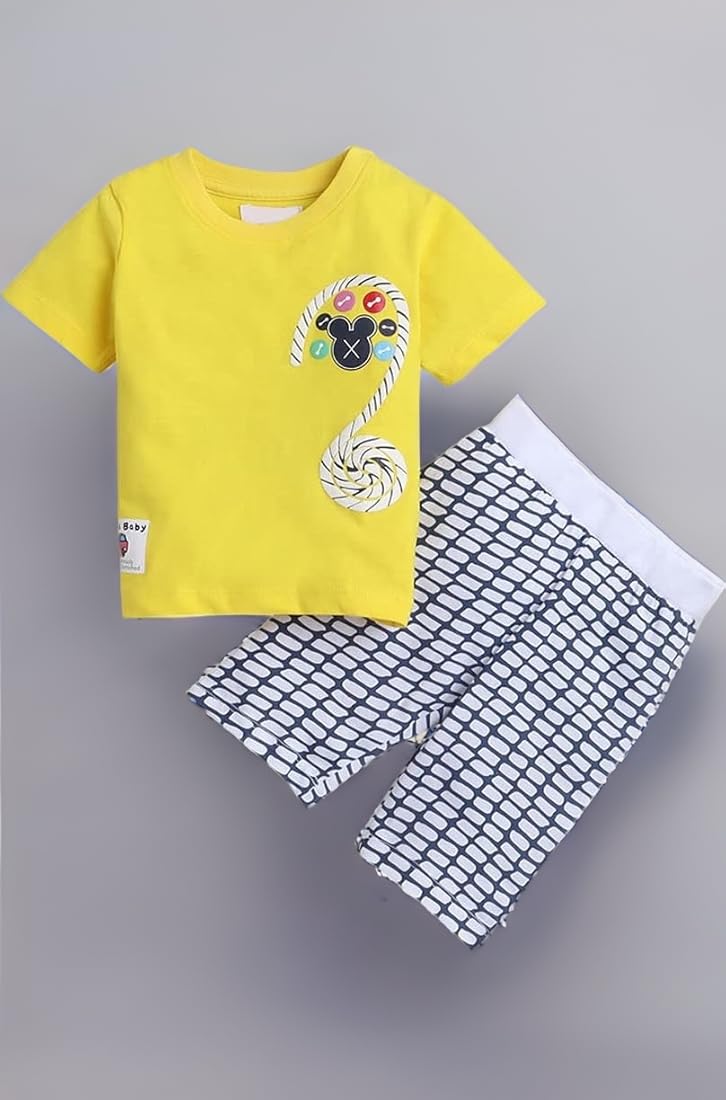 Hopscotch Cotton Boys Check Print T-Shirtcapri Shorts Set In Yellow Color For Ages 2-3 Years