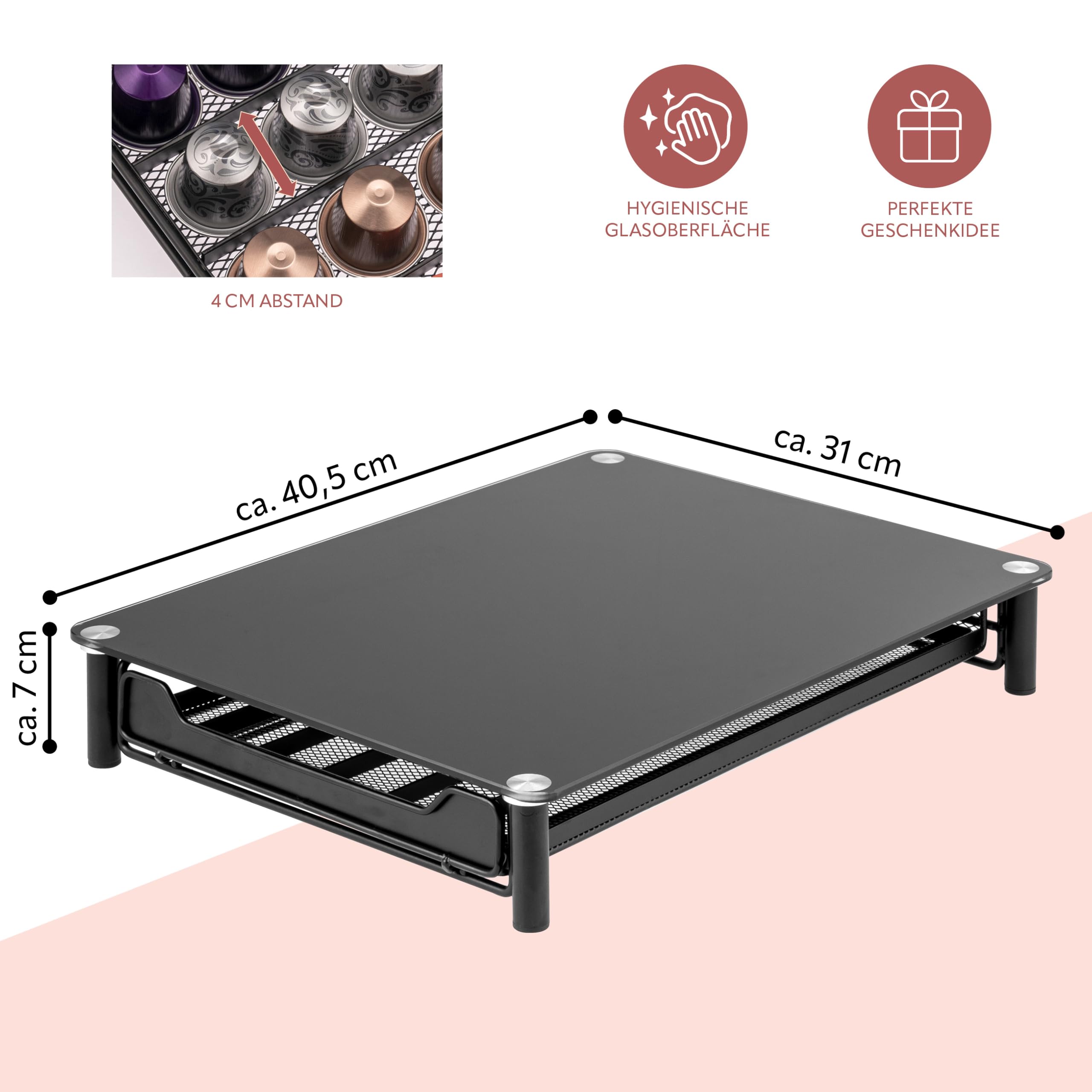 bremermann Kaffeekapsel-Box für 60x Nespresso, Schubladenbox, Metall und Glasplatte, Kapselhalter, Kapselspender ca. 31 x 7 x 40,5 cm (Schwarz)