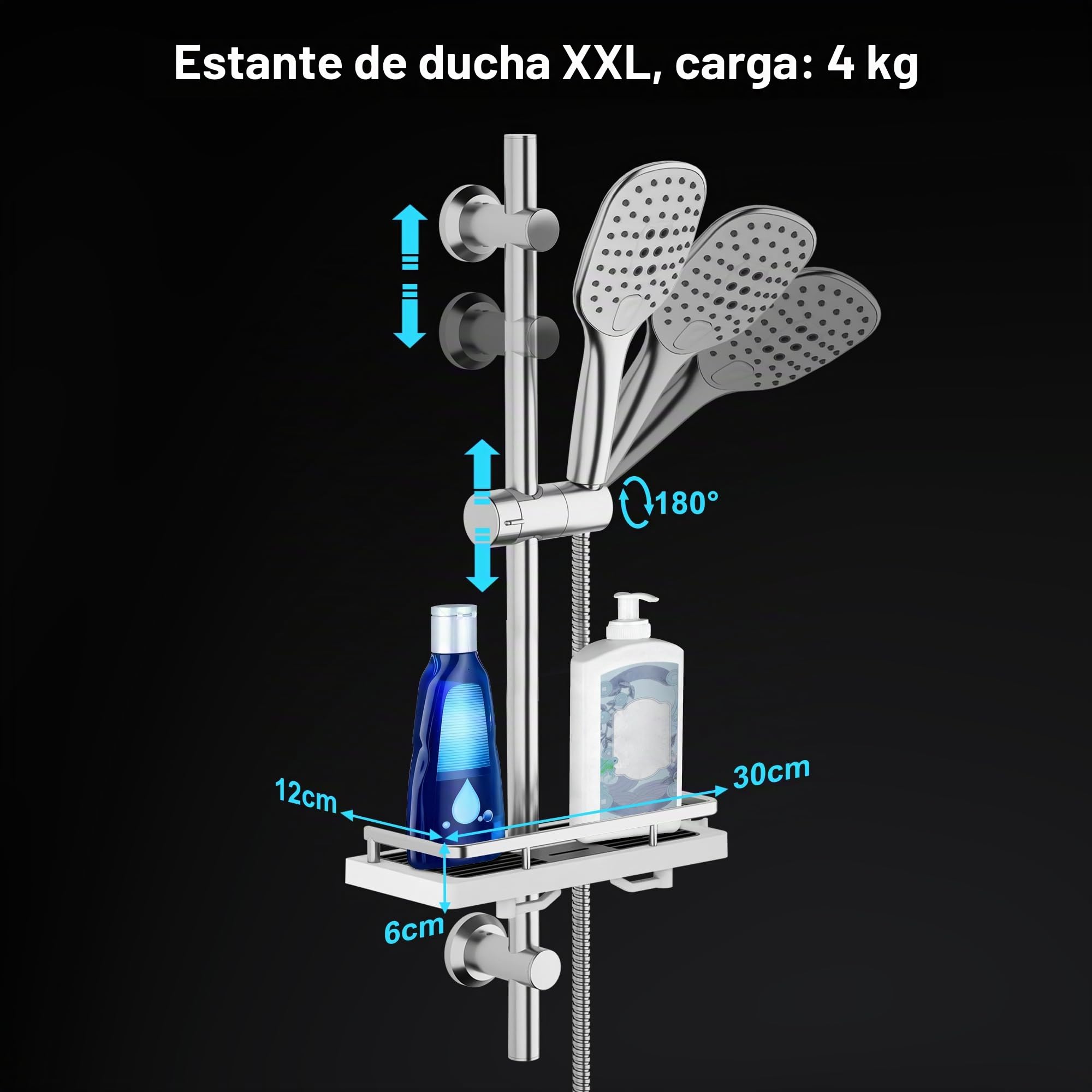 Görbach Columna de ducha de acero inoxidable sin Grifo, Barra Ducha 70 cm con Estante Ducha, Deslizador y Soporte de Pared Ajustable, Alcachofa Ducha Mano con 3 funcións Cromado