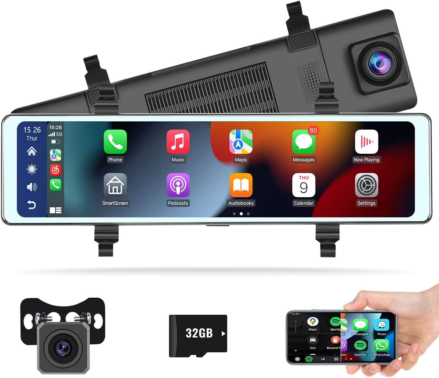 Mirror Dash Cam with Wireless Apple CarPlay Android Auto,11.26 inch HD