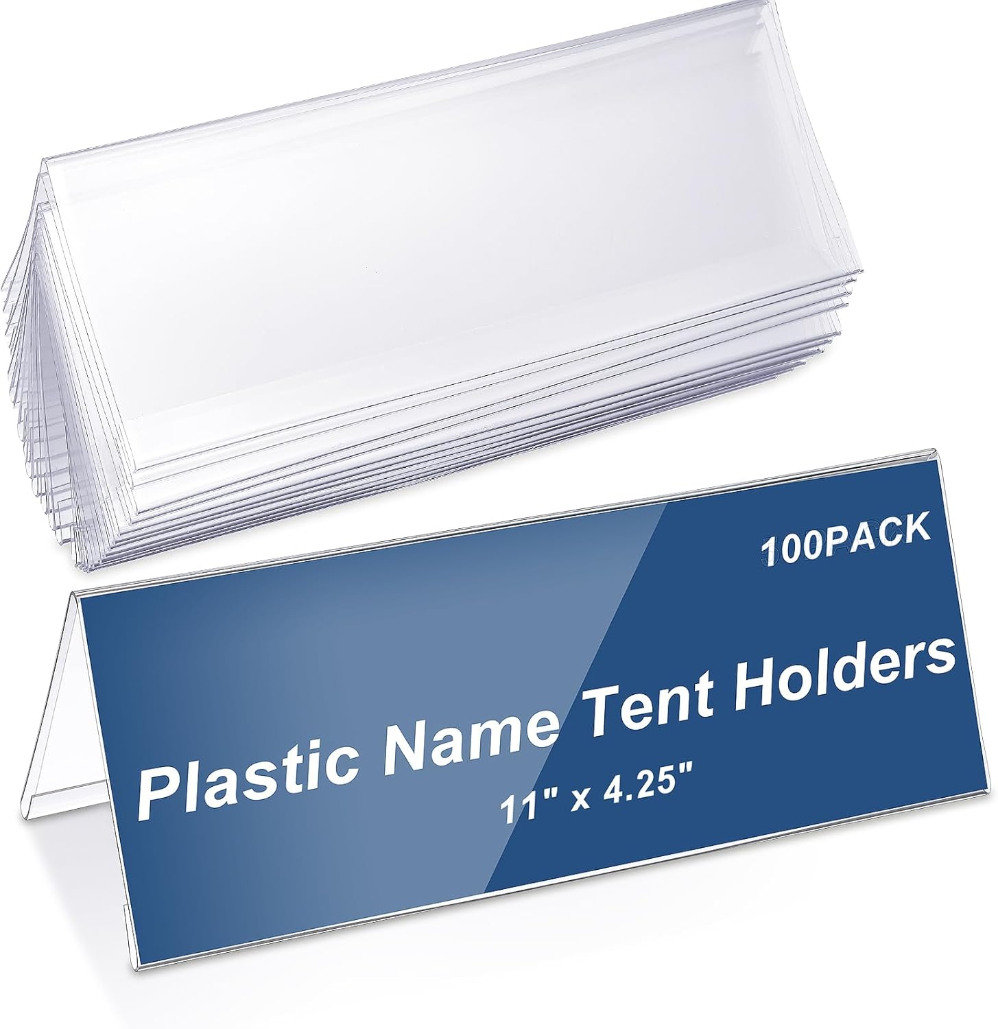 Vicenpal 100 Pieces Clear Plastic Name Tent Holders 11" x 4.25" Acrylic Name Plate for Desk PVC Card Tent Holder Desk Sign Frame for Table Office Business Conference Meeting Room School Display Stand 11" X 4.25" 100