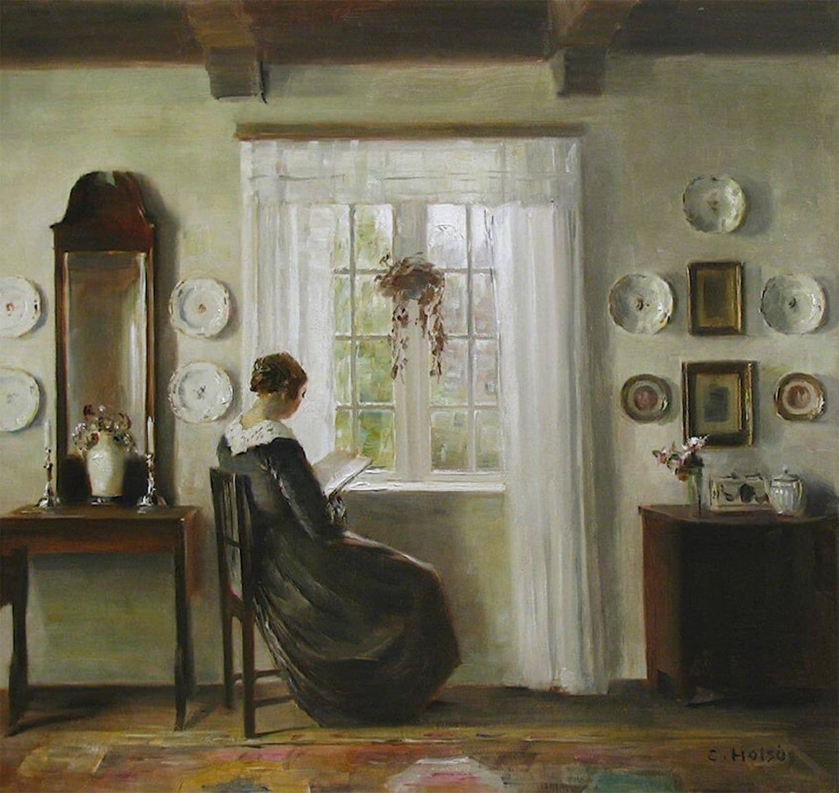 SERENDIPITP Vintage Wall Art Canvas Nordic Poster Canvas Print Picture Interior with the Painter's wife reading at the window Carl Vilhelm Holsoe Wall Art Poster for Home Decor 60x90cm