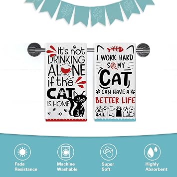 Funny Black Cat Quotes Kitchen Dish Towels Set of 2, Inspirational Paw Print Drinking Drying Hand Towel Baking Cooking Cloth, Humorous Bathroom Home Decoration Cat Owner Lover Gift 18'' x 26''