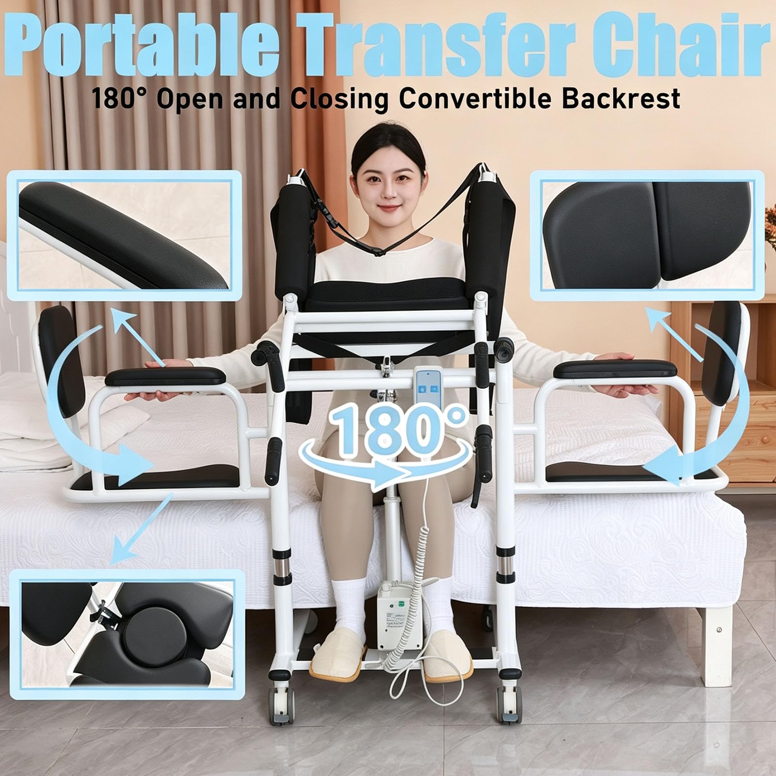 Silla Eléctrica De Transferencia para Pacientes, Apertura De 180°, con Control Remoto, para Personas Mayores Y Discapacitadas, Altura Regulable, 200 Kg