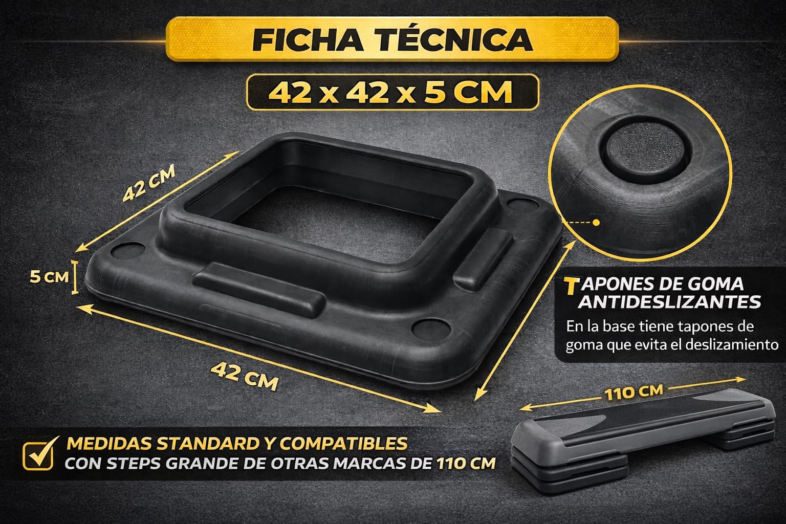 Step Aerobic Profesional - Altura Ajustable 11cm/16cm/21cm - Plataforma de Fitness para Casa y Gimnasio - Fabricado en España - Superficie Antideslizante (Step Profesional + 4 Elevadores)