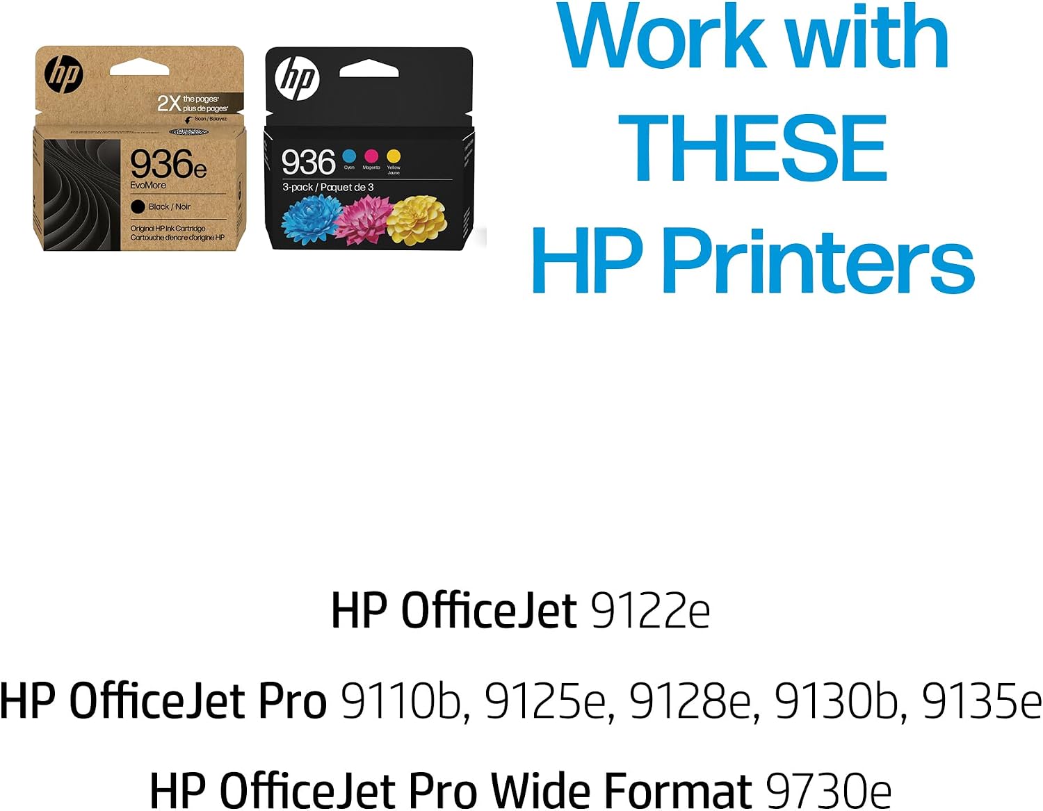 HP 936e EvoMore Black Original Ink Cartridge (1 Pack) and 936 Cyan/Magenta/Yellow Standard Yield Original Ink Cartridges (3-Pack) Bundle