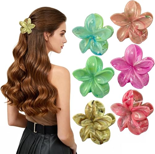Hawaiian Flower Hair Clips for Women, Tropical Plumeria Hibiscus Claw Clips for Thick/Thin Hair, Non-Slip Large Hair Claws for Women Girls, Beach Vacation Hair Accessories 6 Pcs