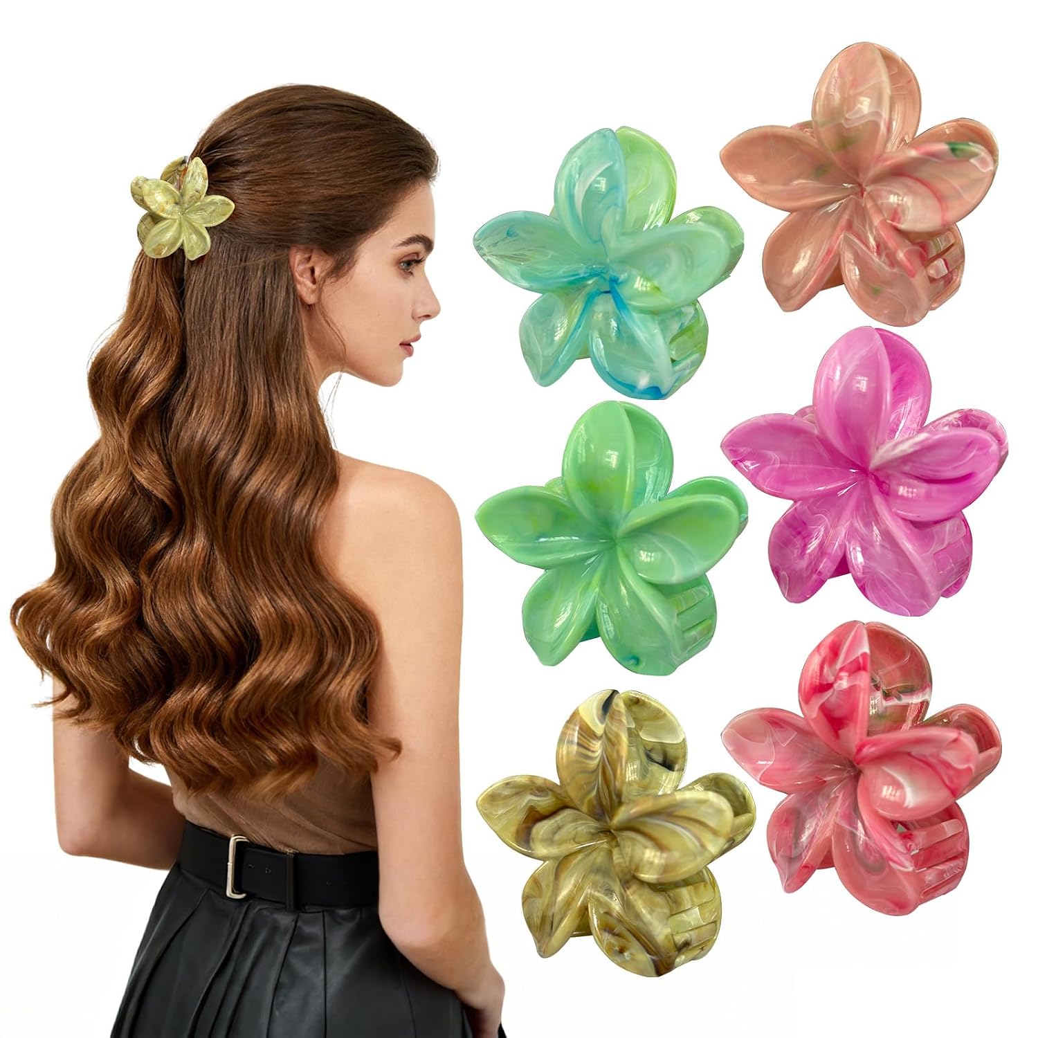 Hawaiian Flower Hair Clips for Women, Tropical Plumeria Hibiscus Claw Clips for Thick/Thin Hair, Non-Slip Large Hair Claws for Women Girls, Beach Vacation Hair Accessories 6 Pcs