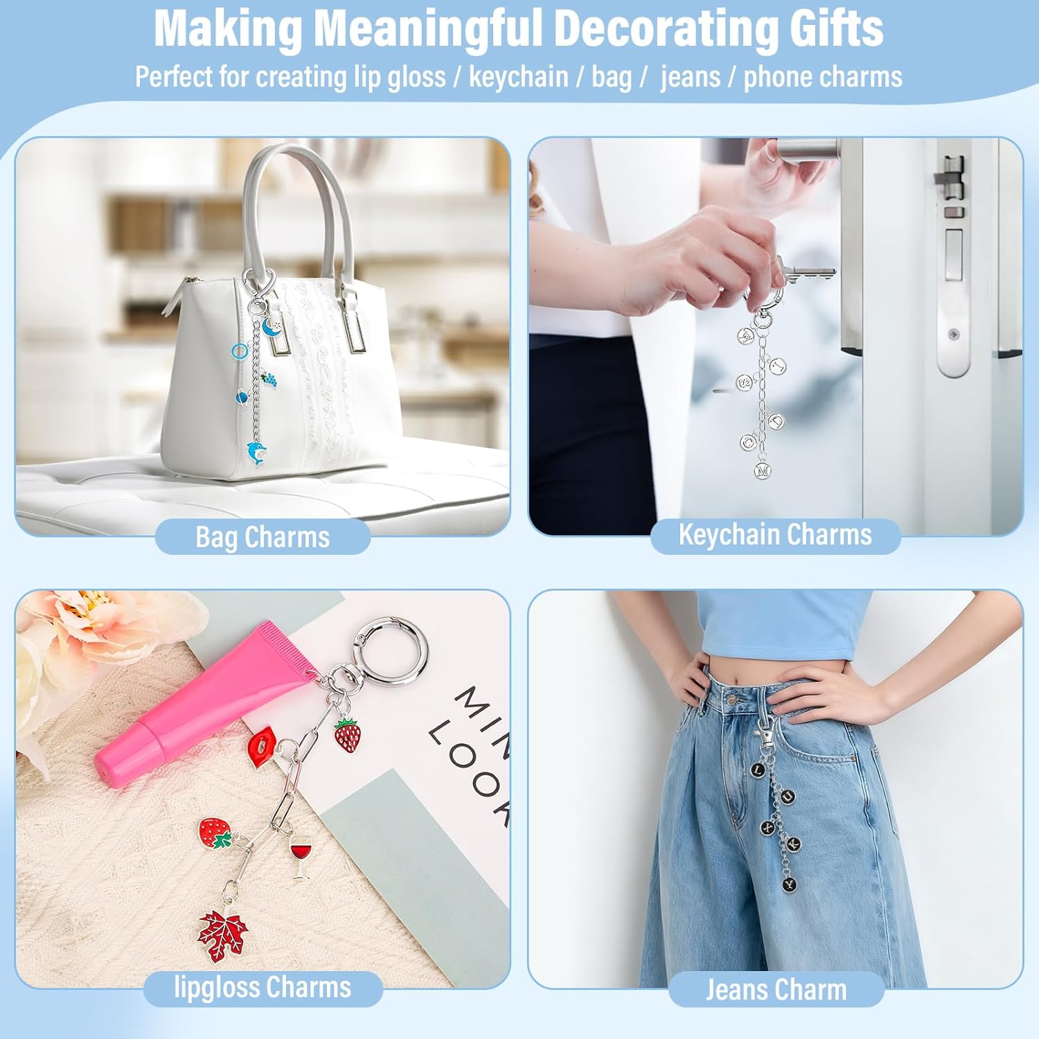 Modacraft 443 Pcs Charms Lip Gloss Keychain Making Kit, Silver DIY Bag Charm Kit Including 28 Key Chain Hooks 30 Extender Chains 172 Charms 200 Jump Rings 10 Lobster Clasps 1 Plier for Gifts Supplies