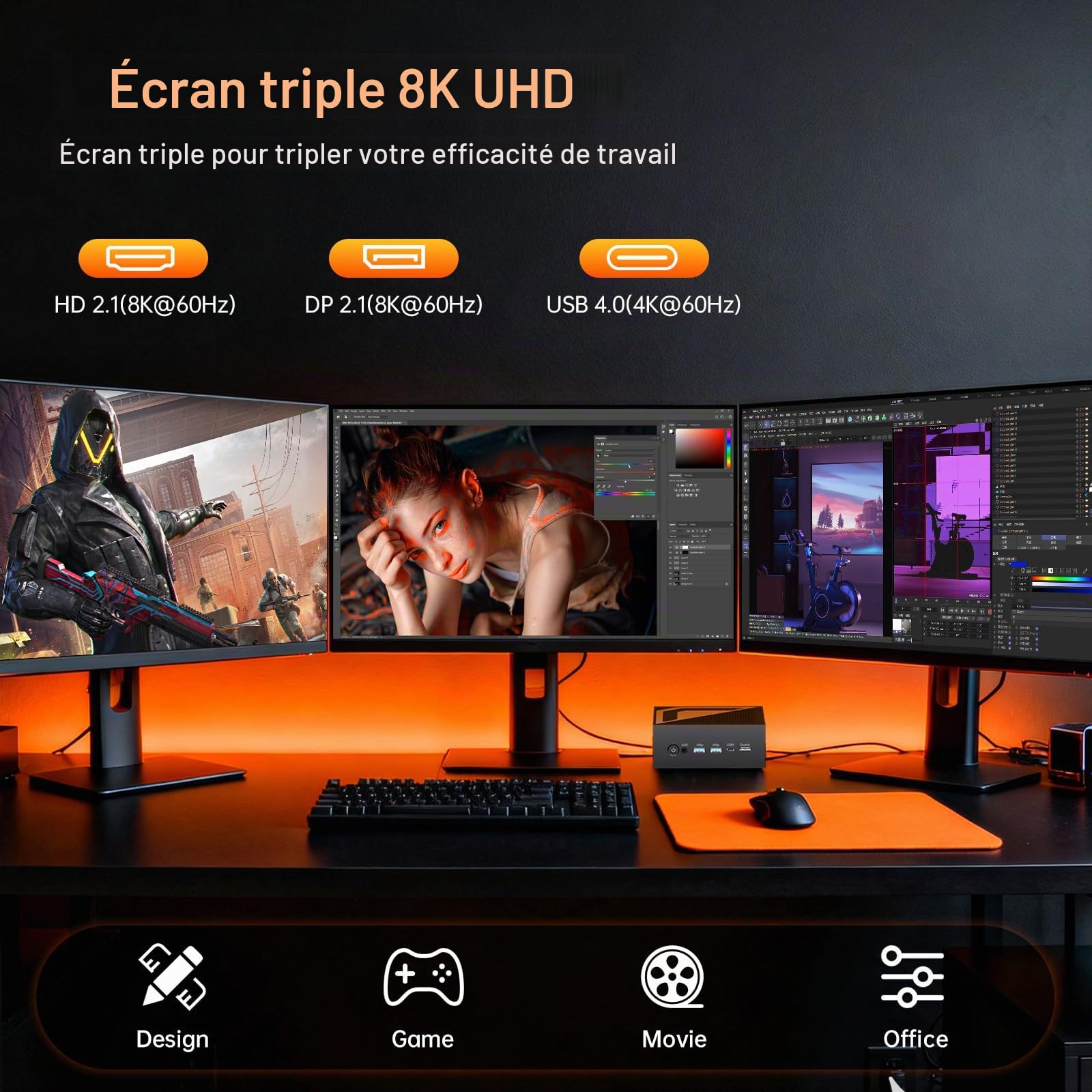 Thdeukoty Mini PC Ryzen AI 9 HX 370, 32 Go DDR5, SSD 1 to, Ordinateur de Bureau Gaming avec Double LAN 2,5 GHz, Ocu-Link, Windows 11 Pro, Wi-FI 7, Bluetooth 5.4, Triple Affichage, VESA
