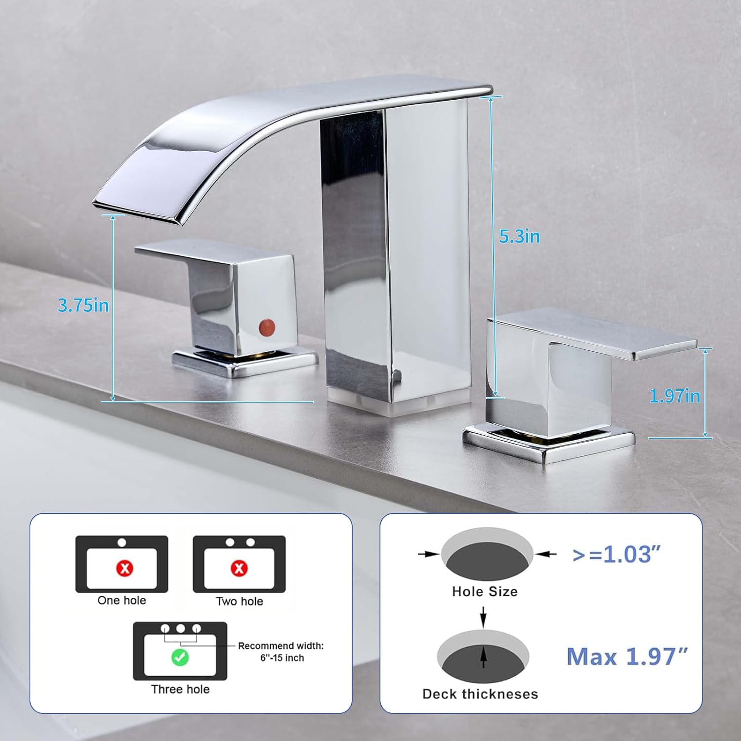 LED Light Bathroom Faucet 3 Holes - 8 Inch Widespread Bathroom Sink Faucet | Two Handles Lavatory Vanity Waterfall Sink Faucets with Pop-up Drain Assembly & Supply Lines