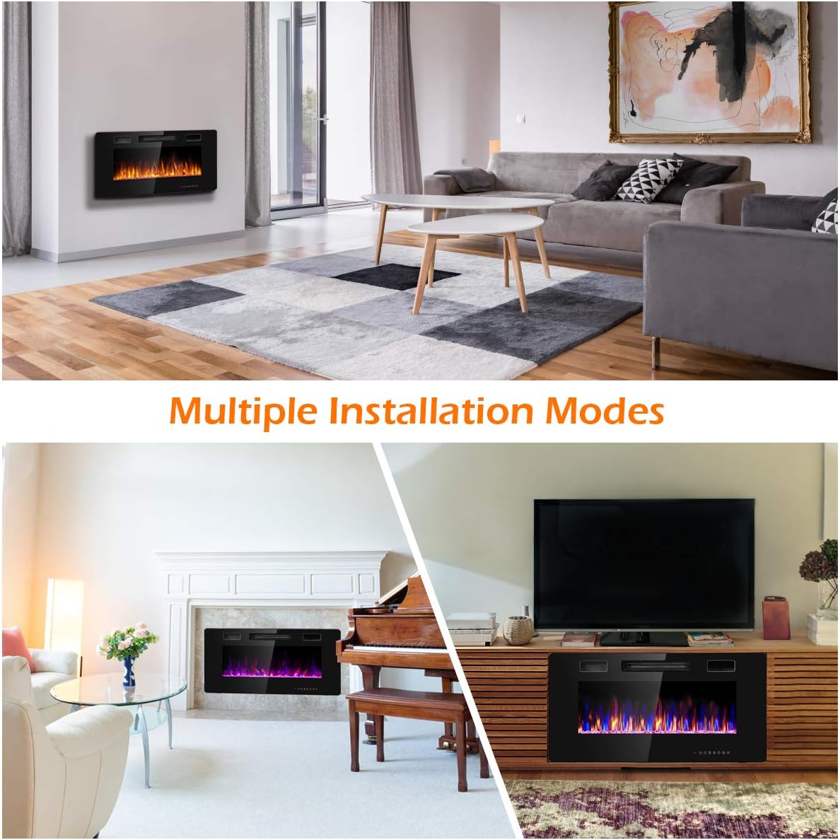 GOFLAME 36 Inch Electric Fireplace Recessed and Wall Mounted, Fireplace Heater in-Wall Built with Remote Control, Timer, Touch Screen, Adjustable Color