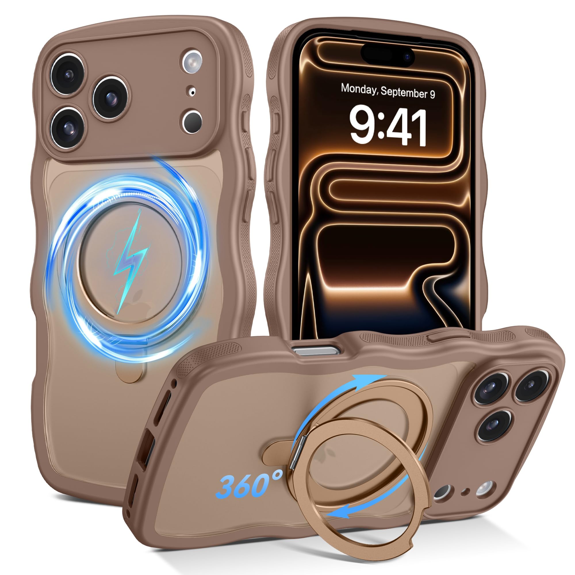 DOMAVER Magnetische Hülle für iPhone 17 Pro mit unsichtbarem Ständer, gewellte Handyhülle iPhone 17 Pro 6.3'' Case, schmaler Ringständer, stoßfeste,für Damen Herren, Desert Titanium