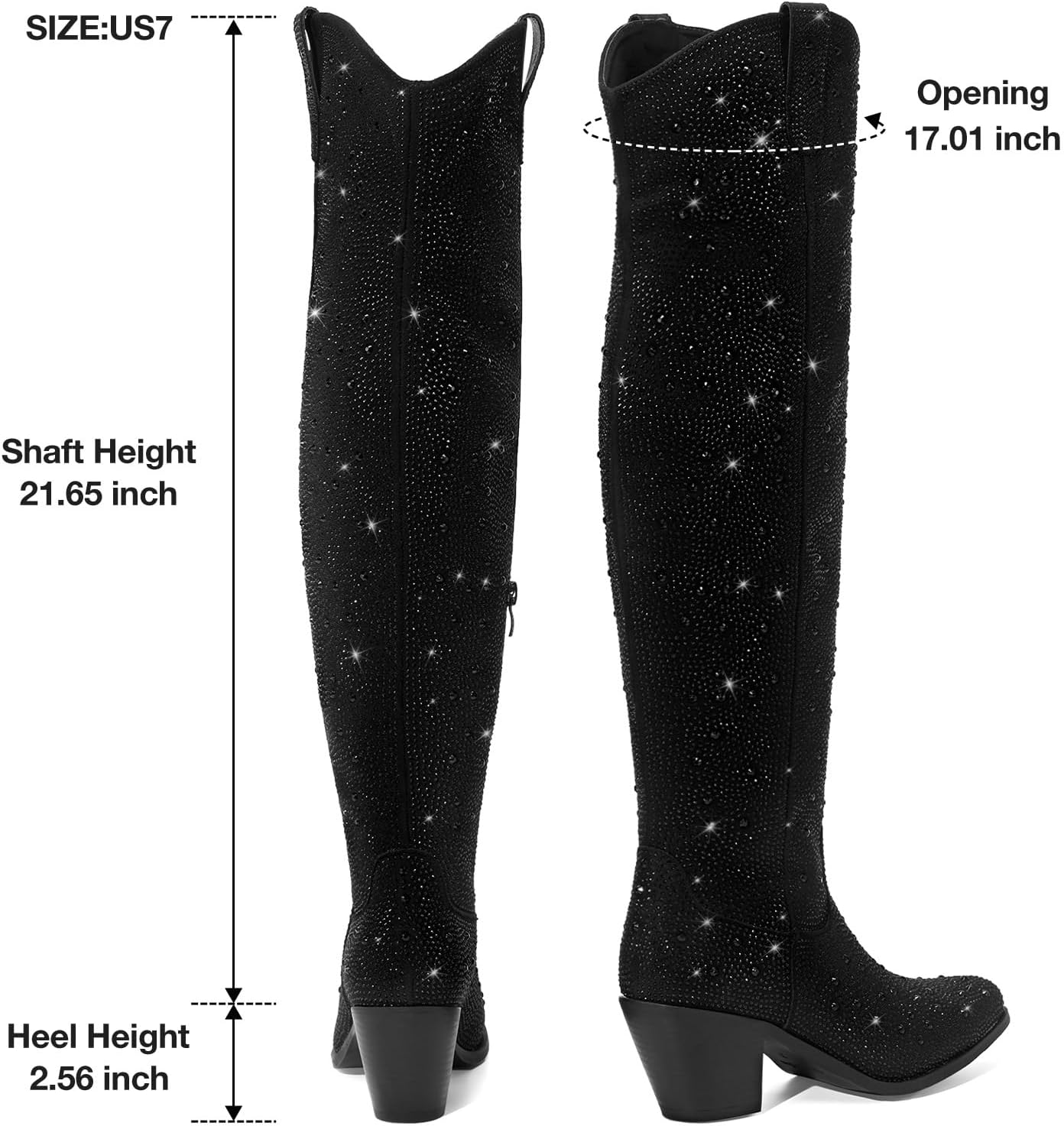 Rollda Rhinestone Cowboy Boots, Sparkly Over the Knee Cowgirl Boots, Pointed Toe Knee High Boots with Chunky Heel Thigh High Boots