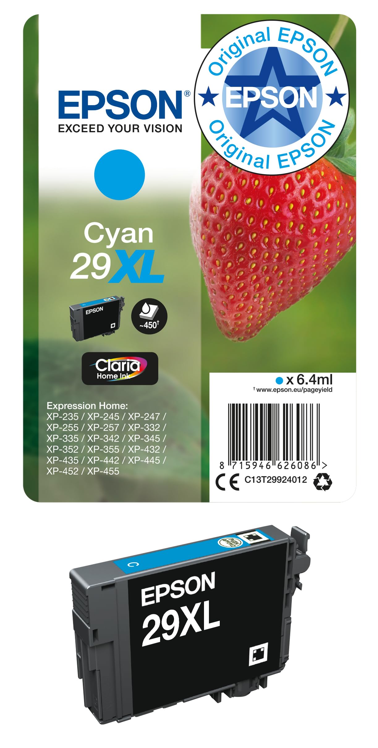 Epson Original 29XL Tinte Erdbeere, XP-235 XP-332 XP-335 XP-432 XP-435 XP-245 XP-342 XP-345 XP-442 XP-445 XP-247 XP-257 XP-255 XP-352 XP-355 XP-452 XP-455, (cyan)