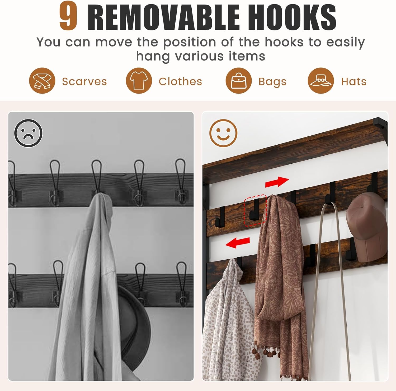 S AFSTAR 3-in-1 Storage Benches Coat Rack with Storage Shelf & 9 Movable Hooks, Industrial Hall Tree with Shoe Bench, Anti-Tipping Device, Shoe and Coat Rack for Entryway Living Room Bedroom, Brown