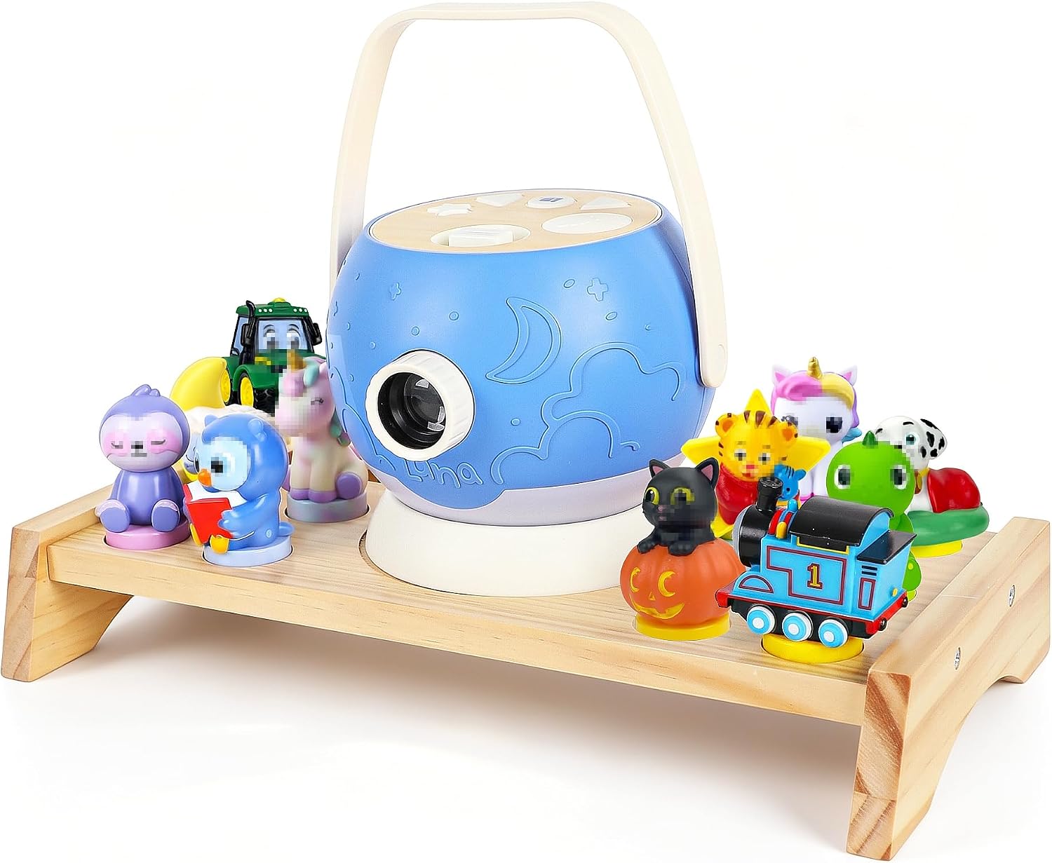 14"Desktop Luna Storytime Projector & Characters Display Storage Shelf | Pine Wood,12 Figure,Size:14.7*8*2.4in，Storage Rack For Kids Room Playroom，Holds Projector, Story Characters, Sturdy, Safe