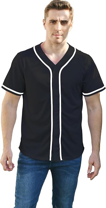 BAICAIYU Men's Baseball Jersey Sports Softball Shirt Short Sleeve Club Casual Wear Fashion Button V-Neck Wide Stripe